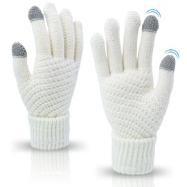 Drokenle Women Winter Gloves, Warm Soft Touchscreen Gloves Thermal Knit Fleece Lined Glove Elastic Cuff Womens Gloves for Cold Weather (White)