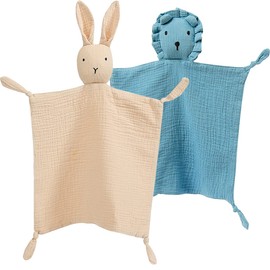 YCHWFF Bunny Lovey Blanket for Boys and Girls, Organic Cotton Muslin Security Blanket for Babies, Soft Breathable Lovie Soothing Towel for Newborn and Infant, 2 Pcs Set