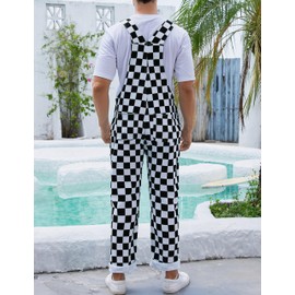 Odefou Black and White Checkered Pants Mens Overalls Bib Coveralls Cute Stretch Jeans Jumpsuit(Black,M)