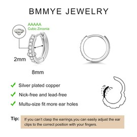 LICHUANUK Silver Hoop Earrings for Women, Titanium Steel Silver Hoop Earrings with Cubic Zirconia, Silver Sleeper Cartilage Hoop Earrings 8 mm), Stainless Steel