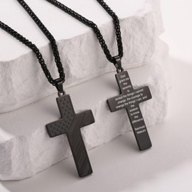 MeMeDIY 18+2 Inch Cross Necklace American Flag Cross Necklace for Men Stainless Steel Inspirational Bible Verse Cross Pendant Gold/Silver/Black Cross Chain Patriotic Jewelry (Black-10)