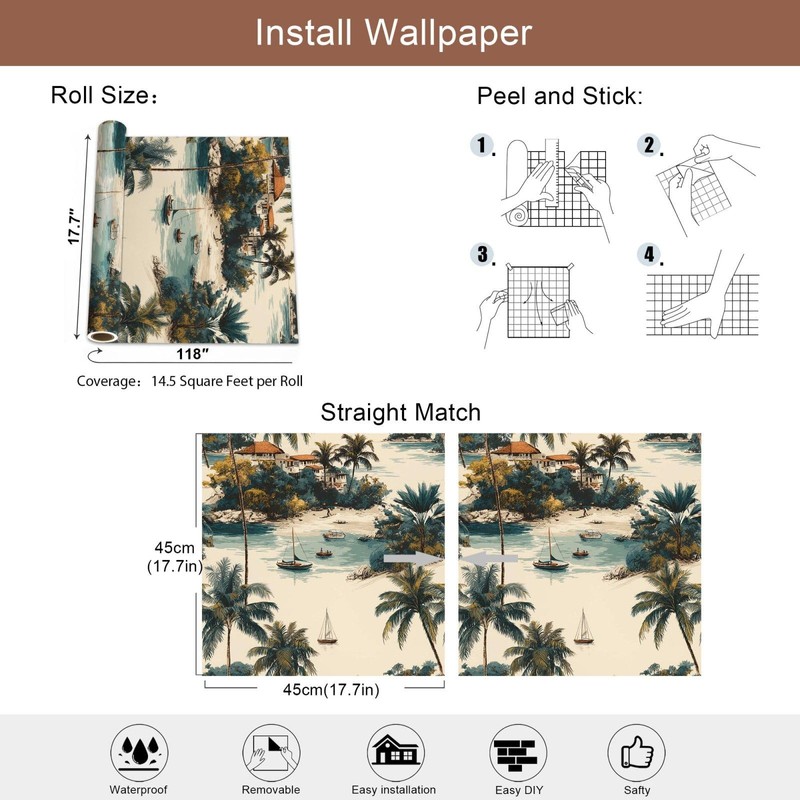Tropical Coastal Peel and Stick Wallpaper, Palm Tree and Island