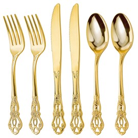 Pryntono 300PCS Gold Plastic Silverware, Heavy Duty Gold Disposable Utensils, Retro Design Plastic Cutlery Set Includes 100 Forks, 100 Spoons, 100 Knives for Parties and Wedding