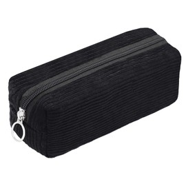 Qxsuse Corduroy Fabric Pencil Case with Practical Zip, Large Storage Capacity Pencil Case for Schools, Offices, Travel (Black), black, simple