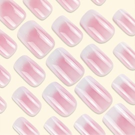 Ombre Pink Press on Nails Short Square Fake Nails Cute Simple Acrylic Nails Press ons Glossy Stick on Nails Full Cover Pink White Gradient Glue on Nails for Women 24 Pcs