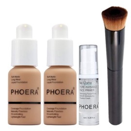 Phoera Foundation Full Coverage Makeup Set - Contains 2 Sand 30 ml Matte Foundation, 6 ml Face Primer & Liquid Foundation Brush for Easy Application