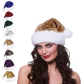 Sequin Champagne Christmas Hat Santa Hat for Adult,Shiny Sequin Plush Santa Claus Hat,Unisex Velvet Father Christmas Hat Costume,Kids Christmas Party Hat Cap for Christmas New Year Festive Gift