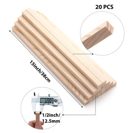 Square Wooden Dowel Rods, 20PCS 1/2" x 15" Square Wood Dowel Rods Wooden Sticks for Crafts, Unfinished Hardwood Sticks Wood Strips for Woodworking, Crafting, Arts and DIYers, Home Decor, Model Making