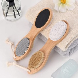 RDRKR Pumice Stone Foot File 4 in 1 Double Sided Foot Cleaner Kit Pedicure Steel Files Sandpaper Pumice Stone Boar Bristle Bamboo Foot Scrub