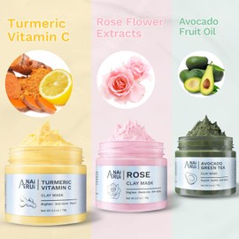 ANAI RUI ANAI RUI Turmeric Vitamin C Clay Mask -Rose Facial Mask -Avocado Green Tea Mud Mask,Facial Mask Skincare for Deep Cleansing,Purify Pores, SPA Mask Set, Facial Mask Set Gifts Set 2.5 oz each