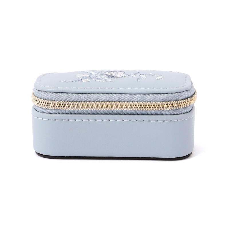 Francfranc French Embroidered Flower Mini Travel Jewelry Box Blue, blue