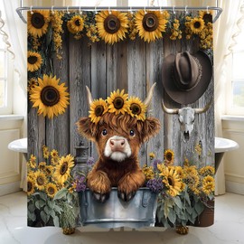 Highland Cow Shower Curtain Rustic Farmhouse Sunflower Cute Calf Funny Cattle Western Farm Animal Country Fabric Bathroom Decor Bath Curtain with Hooks