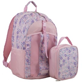FUEL Backpack with Lunch Box Combo – 18” Two Compartment Water Resistant Durable Adjustable Straps with Side Water Bottle Pockets 2 in 1 Set - Pink Flowers