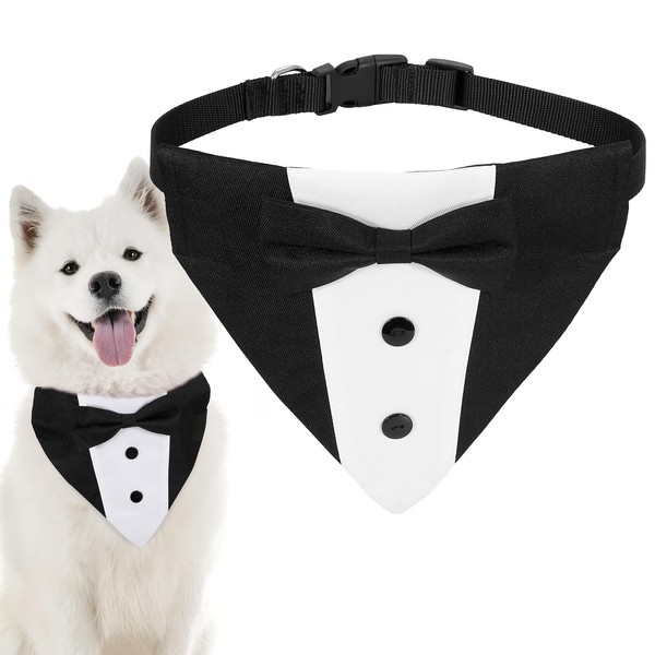 Tuxedo Bandana Collar with Bow Tie Pet Wedding Tux Formal