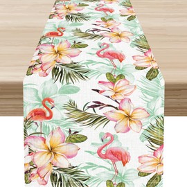 Camino de mesa de verano, granja de flamenco tropical rosa floral verde hojas de palma Hawaii, centro de decoración para el hogar, cocina y comedor al aire última intervensión, decoración de mesa de
