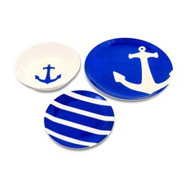 Camco 12 Piece Melamine Dishware Set - Features Blue and White Nautical Design - Includes 4 Bowls, 4 Salad Plates, & $ Dinner Plates - Dishwasher Safe Dish Set (41951)