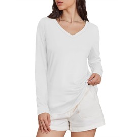 ATHMILE Womens 2024 Fall Long Sleeve Shirts Basic Apparel Shirts Trendy V Neck Tshirt for Women Curved Hem Tops White