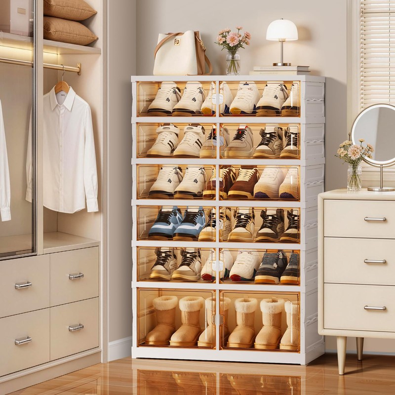 EHAMILY Wide 6-Tier Foldable Shoe Rack Organizer, 18 Pairs, White