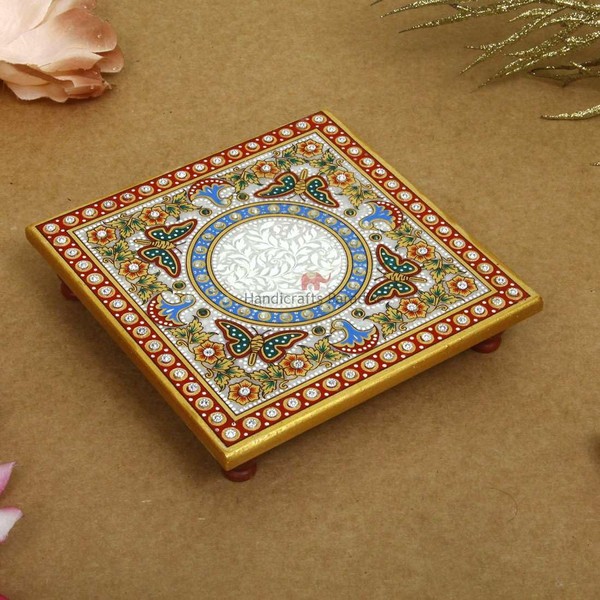 Handicrafts Paradise Marble Chowki Square Shape Painting Butterfly Design Used