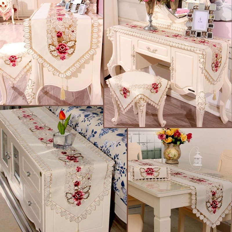 Embroidery Table Runner, Flower Table Runner Decorative Hollow Dining Table