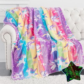 PopocolaLee Glow in The Dark Unicorn Blanket, Kids Blanket for Girl, 50'' x 60'' Kids Throw Blanket Soft Fuzzy Plush Flannel Cozy Fluffy Blanket,Valentine's Day Gifts for Kids Birthday Christmas