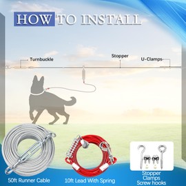 Dog Tie Out Runner for Yard,Trolley System for Large Dogs,Heavy Duty Dog Run Cable Lead 150ft with 10ft Pulley Runner Line for Small Medium and Large Dogs Up to 125lbs Running Outside Yard or Camping