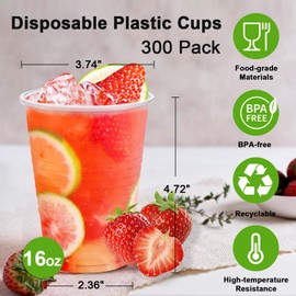 Lamosi 300 Count 16 oz Plastic Cups, Clear Plastic Cups Disposable, Plastic Drinking Cups Bulk for Party, Events