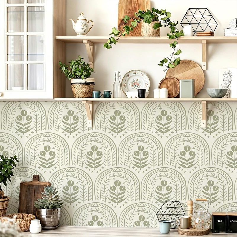 proprodiudiu Peel and Stick Wallpaper Boho Modern, Green, 17.7 x