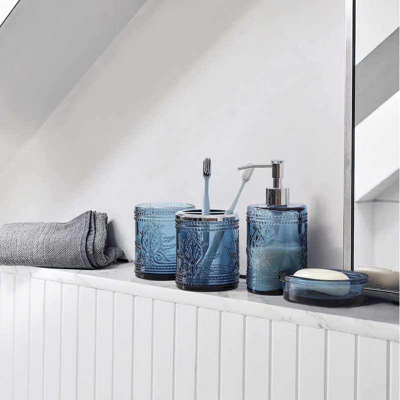 4PCs Teal Blue Glass Bathroom Accessories Set with Decorative Pressed