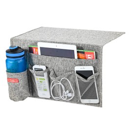 Zafit Linen 5 Pockets Bedside Caddy, Bedside Storage Organizer with Water Bottle Holder for Magazine, Remotes, Phone (Grey)