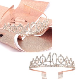 40th Birthday Sash, Gold Happy Birthday Girl Sash and Crown Set, Party Forever Forty Years Old Decorations for Party Supplies (Rose Gold)