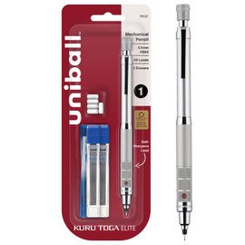 Uniball Kuru Toga Elite Mechanical Pencil Starter Kit with Silver Barrel and 0.5mm Tip; 60 Lead Refills; and 5 Pencil Eraser Refills; HB #2; Office Supplies; School Supplies; Drafting