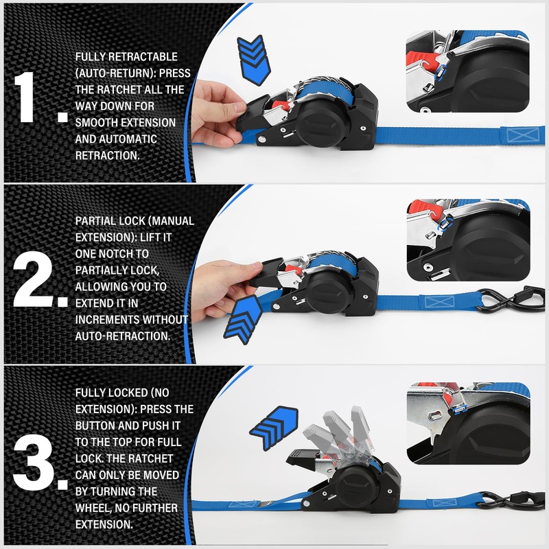 Retractable Ratchet Straps, 1763lb Break Strength Blue Self Retracting Ratchet