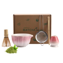 Emooncn Matcha Set Rosa Matcha Tee Set,Matcha Schale mit Ausgießer Matcha Starter Set mit Matcha Zubehör,Sieb,Matcha Besen Bambus,Matcha Rührer,Chasen Geschenk für Matcha Liebhaber (5-Teiliges)