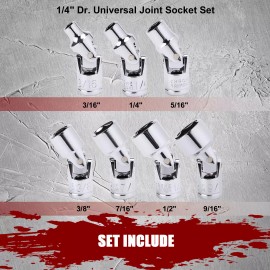 FOCUS TOOL 7PCS 1/4" Drive Universal Flex Socket Set, SAE, 3/16" to 9/16", 6-Point, CR-V