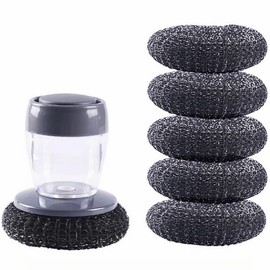 Soap Dispense Palm Scrub dishwashing Kitchen Scrubber Press Automatic Liquid wash Pot (Steel Wire)