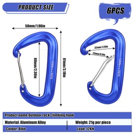 Pack of 6 Carabiner Hooks Large Heavy Duty Aluminium Carabiner 12 KN (1200 kg) Load Capacity Choice of 7 Colours for Outdoor Hammock Attachment Hiking Camping Camping Backpacking