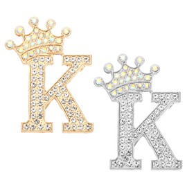 PATIKIL Letter Brooch Pins, 2 Pcs Crown Initial Rhinestone Alphabet K Letter Lapel Badges Pin for Women Suits Dress Coat Clothes Craft, Gold/Silver Tone