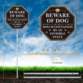 Beware of Dog Sign Dog Contained by an Invisible Fence Sign for Yard, Lawn, Home Security Signs Dog Warning Sign for Fence 28" Bend-Proof Stake Metal Sign Kit 10" x 10" Aluminum Sign