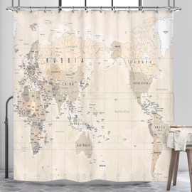 Riyidecor World Map Shower Curtain Travel Educational Vintage Geography Beige Retro Countries Capital The Earth Decor Bathroom Fabric Set Polyester Waterproof Fabric 72Wx72H Inch 12 Pack Plastic Hooks