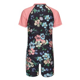 Girls Short Sleeve Rash Guard One Piece Swimsuits Zipper Front Bathing Suit Sun Protection Black Mix Floral 5T