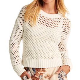 Women's Crochet Mesh Sweaters Hollow Out Long Sleeve Knit Top Bikini Beach Cover Ups, White, X-Large