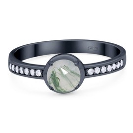 OMRANII Black Tone Natural Green Moss Agate Size-9 Minimalist Round Vintage Style Solitaire CZ Wedding Engagement Rings For Women 925 Sterling Silver Gifts For Her