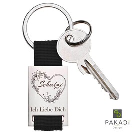 PAKADI Key Ring with Engraving "Schatzi Ich Liebe Dich" Flower Heart Colour Black