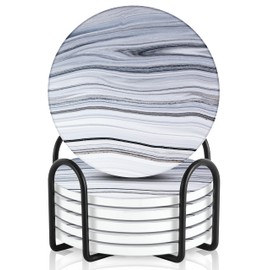 Emerson Coasters for Drinks Absorbent – Natural Stone Drink Coasters Set with Holder, Coasters for Coffee Table, Wooden Tabletop Protection Marble Style – 100% Heavy Duty Set of 6 (Sea)