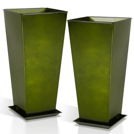 Worth Garden 28" Large Metal Glazed Planter Set of 2, Luxurious Glossy Finish Green Tall Square Tapered Steel Plant Pots, Decor Flower Pot Indoor & Outdoor, Drainage Hole & Dual-Purpose Plant Saucer