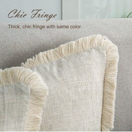 Mayler Yee Throw Pillow Covers 12x20 Inch Set of 2 with Tassel Trim for Farmhouse Living Room, Soft Cotton & Cozy Linen, Fringe Beige Lumbar Pillowcase, Boho Sytle Decorative Home