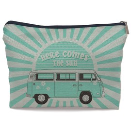 Ayxvt Here Comes the Sun Retro 70s Hippie Orange Bus Sunshine Ray Cosmetic Bag Decorative Women's Makeup Bag Zipper Pouch Travel Toiletry,Birthday Gifts for Teen Girls (Green)