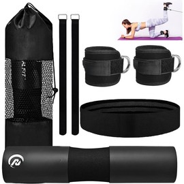 Barbell Pad Set for Squats, Lunges and  Thrusts,  &  Protective Pad, Standard Olympic Bars with 2 Gym Ankle Straps,  Resistance Band, Barbell Pad, Carry Bag - Color: Black