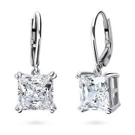 BERRICLE Sterling Silver Solitaire 6 Carat Princess Cut Cubic Zirconia CZ Statement Anniversary Leverback Dangle Drop Earrings for Women, Rhodium Plated